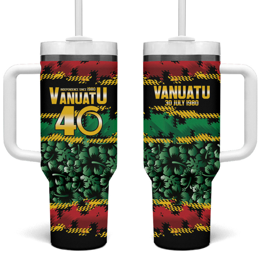 Vanuatu 46th Year Anniversary Tumbler With Handle 30 July 1980 Hibiscus Seamless Pattern LT9 One Size: 40 oz Black - Polynesian Pride
