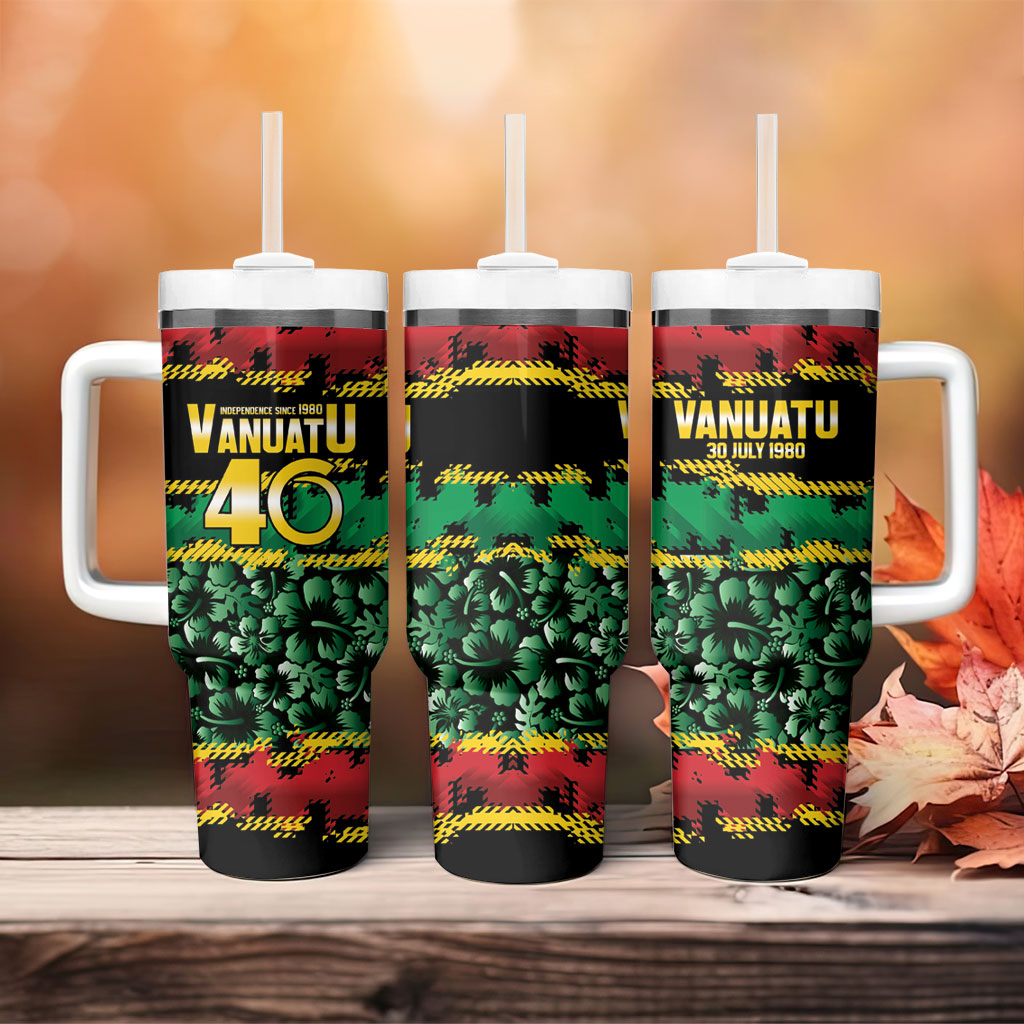 Vanuatu 46th Year Anniversary Tumbler With Handle 30 July 1980 Hibiscus Seamless Pattern LT9 - Polynesian Pride