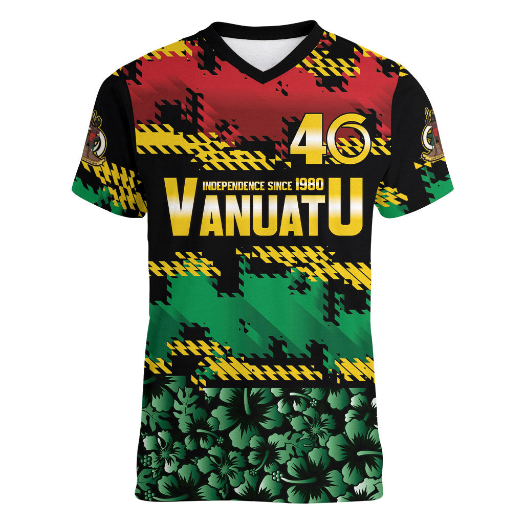 Vanuatu 46th Year Anniversary Women V-Neck T-Shirt 30 July 1980 Hibiscus Seamless Pattern LT9 Female Black - Polynesian Pride