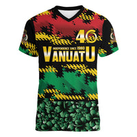 Vanuatu 46th Year Anniversary Women V-Neck T-Shirt 30 July 1980 Hibiscus Seamless Pattern LT9 Female Black - Polynesian Pride