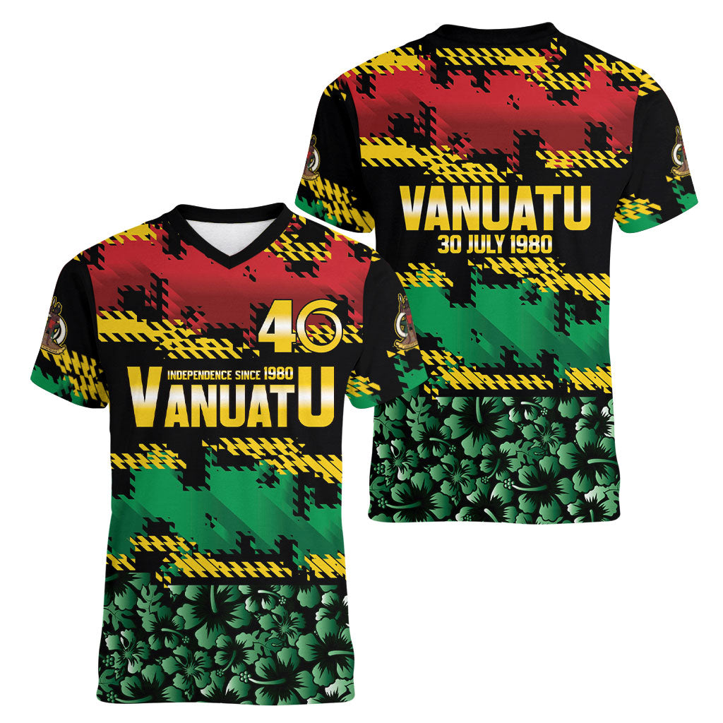 Vanuatu 46th Year Anniversary Women V-Neck T-Shirt 30 July 1980 Hibiscus Seamless Pattern LT9 - Polynesian Pride
