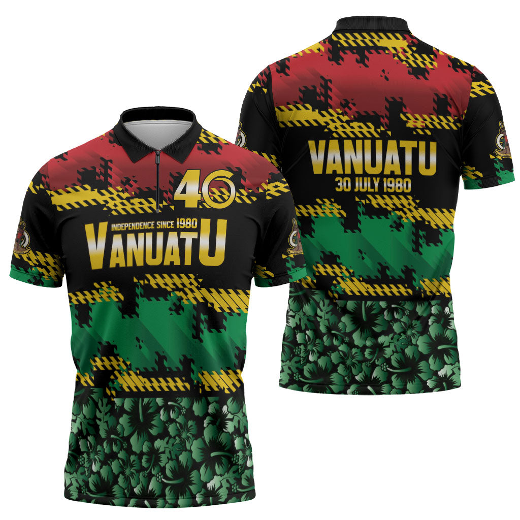 Vanuatu 46th Year Anniversary Zipper Polo Shirt 30 July 1980 Hibiscus Seamless Pattern LT9 - Polynesian Pride