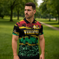 Vanuatu 46th Year Anniversary Zipper Polo Shirt 30 July 1980 Hibiscus Seamless Pattern LT9 - Polynesian Pride