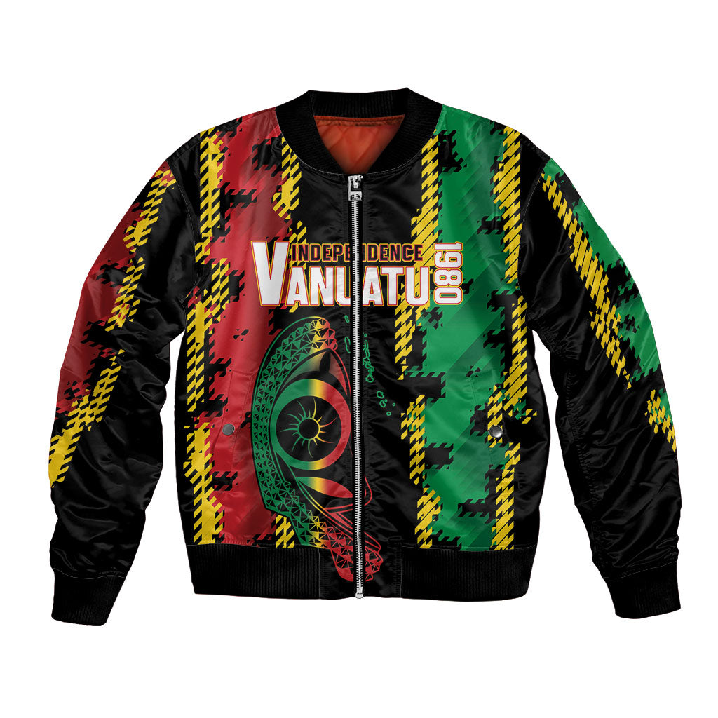 Vanuatu 46th Year Anniversary Bomber Jacket Tamtam Slit Drums Long God Yumi Stanap LT9 Unisex Black - Polynesian Pride
