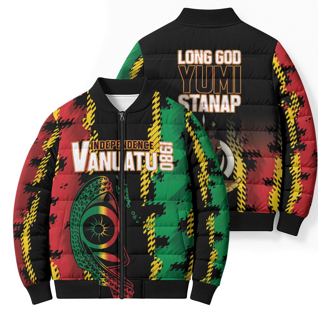 Vanuatu 46th Year Anniversary Bomber Puffer Jacket Tamtam Slit Drums Long God Yumi Stanap LT9 - Polynesian Pride