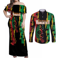Vanuatu 46th Year Anniversary Couples Matching Off Shoulder Maxi Dress and Long Sleeve Button Shirt Tamtam Slit Drums Long God Yumi Stanap