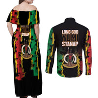 Vanuatu 46th Year Anniversary Couples Matching Off Shoulder Maxi Dress and Long Sleeve Button Shirt Tamtam Slit Drums Long God Yumi Stanap