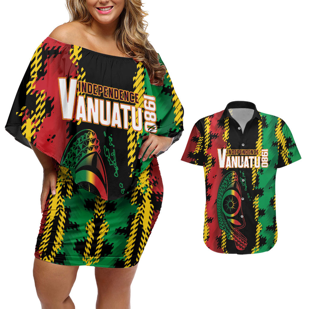 Vanuatu 46th Year Anniversary Couples Matching Off Shoulder Short Dress and Hawaiian Shirt Tamtam Slit Drums Long God Yumi Stanap