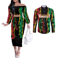 Vanuatu 46th Year Anniversary Couples Matching Off The Shoulder Long Sleeve Dress and Long Sleeve Button Shirt Tamtam Slit Drums Long God Yumi Stanap