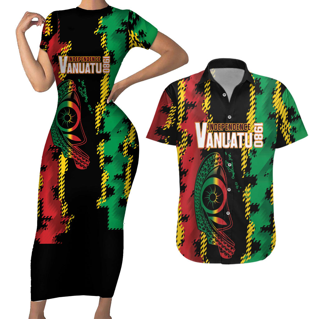 Vanuatu 46th Year Anniversary Couples Matching Short Sleeve Bodycon Dress and Hawaiian Shirt Tamtam Slit Drums Long God Yumi Stanap