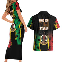 Vanuatu 46th Year Anniversary Couples Matching Short Sleeve Bodycon Dress and Hawaiian Shirt Tamtam Slit Drums Long God Yumi Stanap