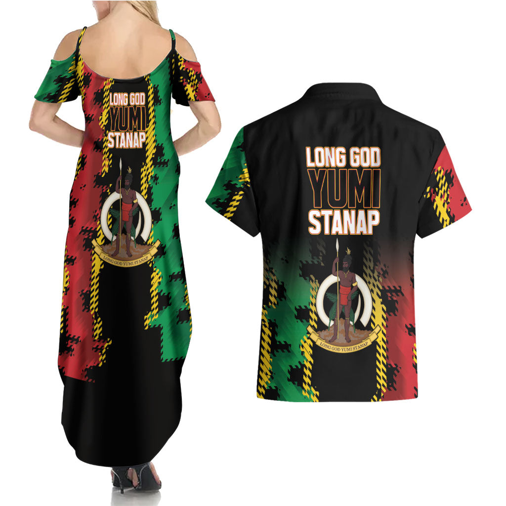Vanuatu 46th Year Anniversary Couples Matching Summer Maxi Dress and Hawaiian Shirt Tamtam Slit Drums Long God Yumi Stanap