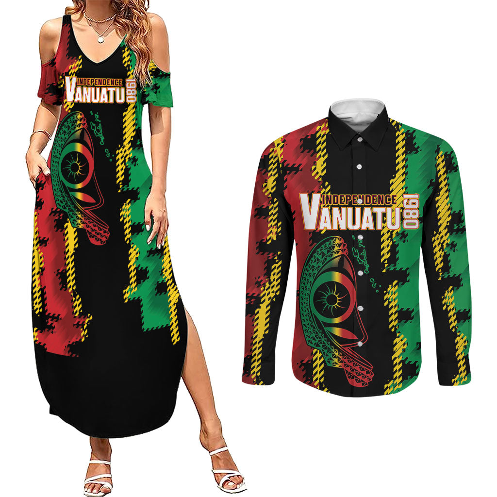Vanuatu 46th Year Anniversary Couples Matching Summer Maxi Dress and Long Sleeve Button Shirt Tamtam Slit Drums Long God Yumi Stanap LT9 Black - Polynesian Pride