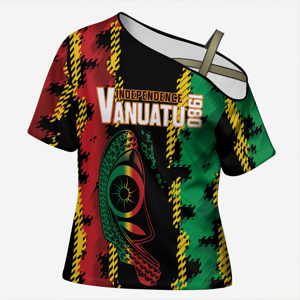 Vanuatu 46th Year Anniversary Cross Shoulder Shirt Tamtam Slit Drums Long God Yumi Stanap LT9 Female Black - Polynesian Pride
