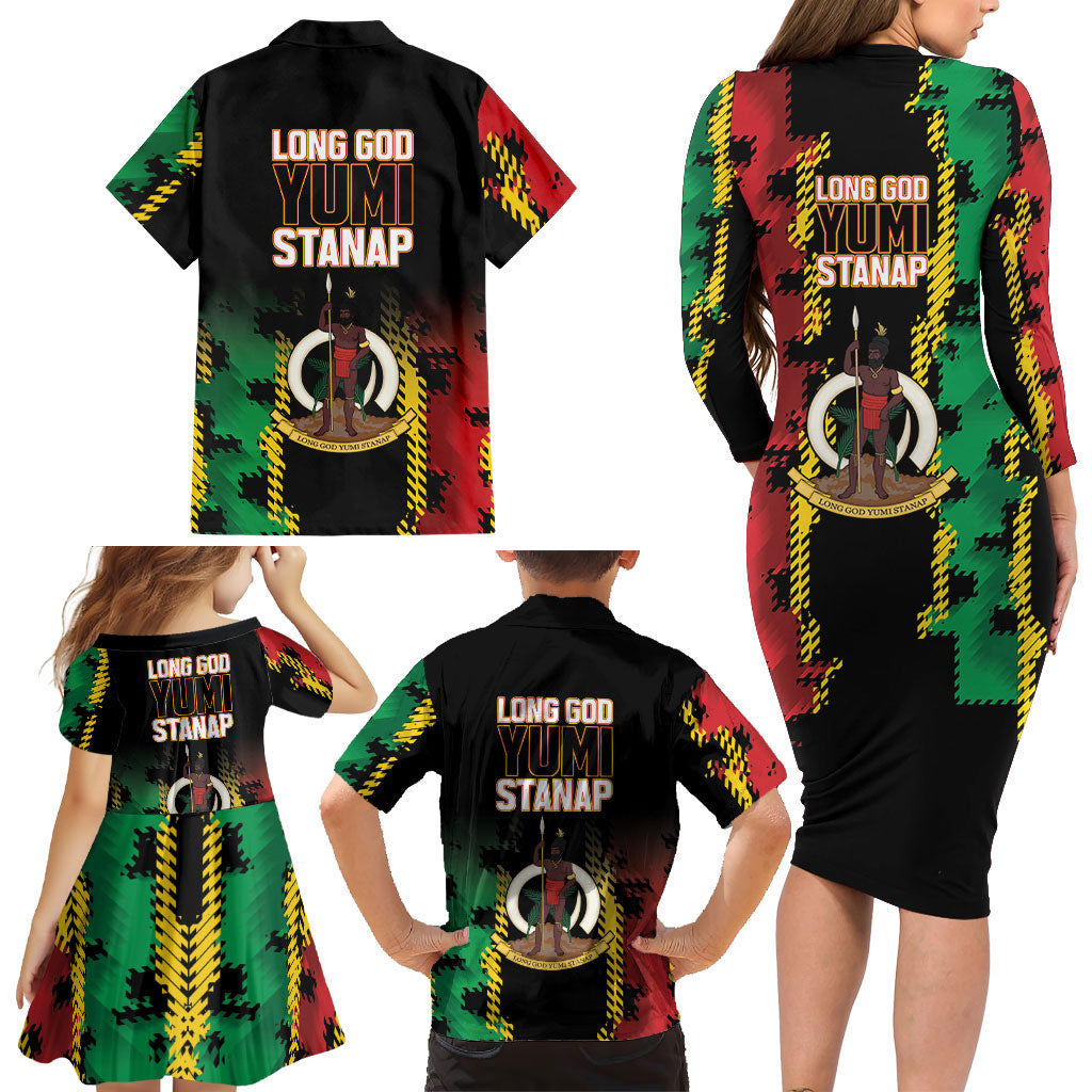 Vanuatu 46th Year Anniversary Family Matching Long Sleeve Bodycon Dress and Hawaiian Shirt Tamtam Slit Drums Long God Yumi Stanap
