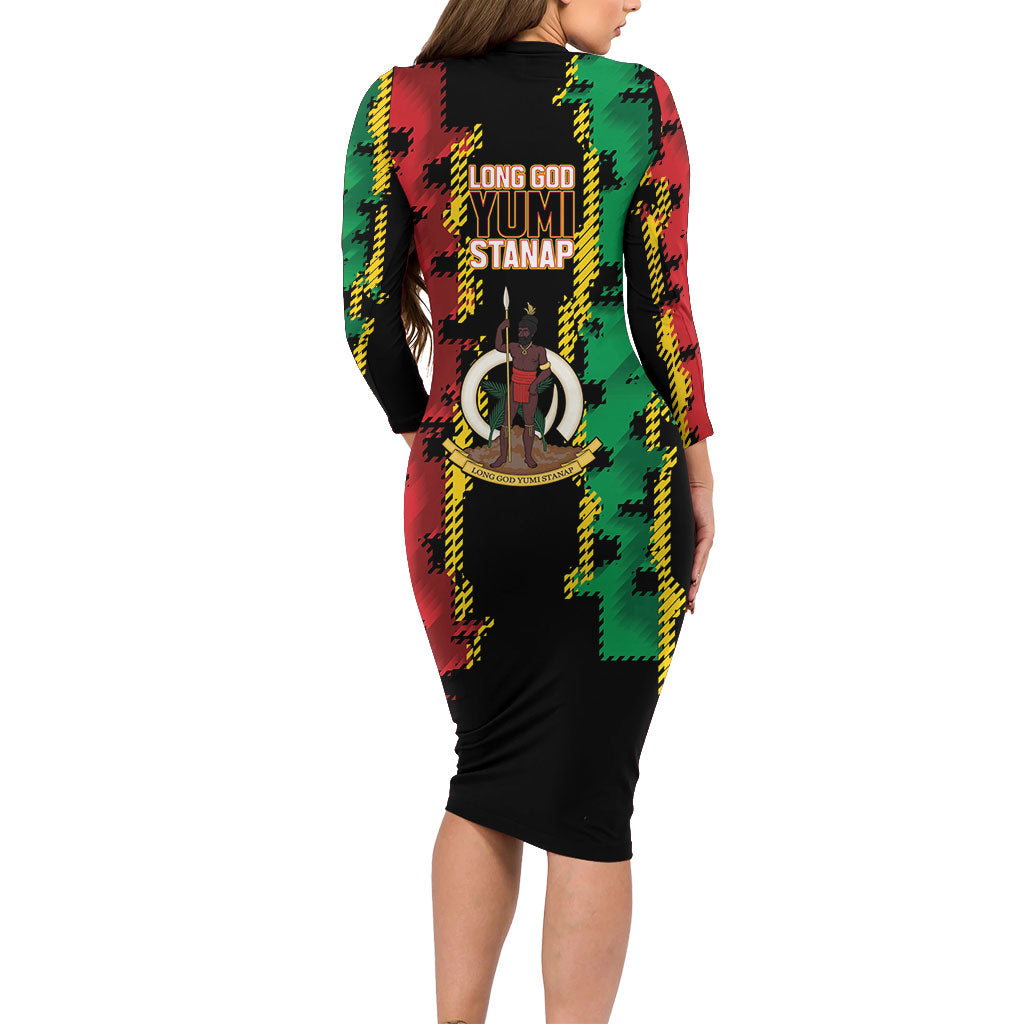 Vanuatu 46th Year Anniversary Family Matching Long Sleeve Bodycon Dress and Hawaiian Shirt Tamtam Slit Drums Long God Yumi Stanap