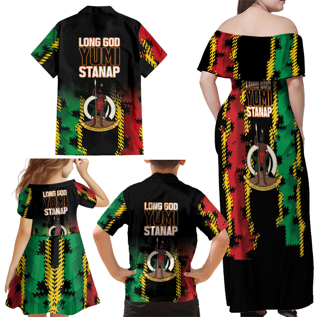 Vanuatu 46th Year Anniversary Family Matching Off Shoulder Maxi Dress and Hawaiian Shirt Tamtam Slit Drums Long God Yumi Stanap