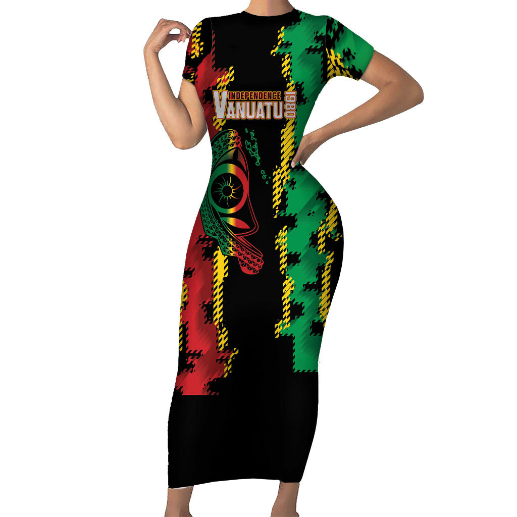 Vanuatu 46th Year Anniversary Family Matching Short Sleeve Bodycon Dress and Hawaiian Shirt Tamtam Slit Drums Long God Yumi Stanap