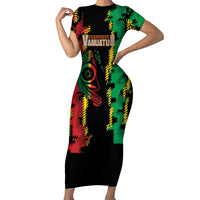 Vanuatu 46th Year Anniversary Family Matching Short Sleeve Bodycon Dress and Hawaiian Shirt Tamtam Slit Drums Long God Yumi Stanap