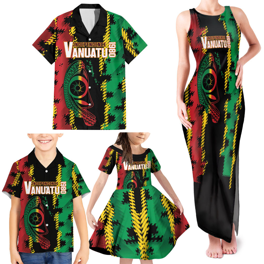 Vanuatu 46th Year Anniversary Family Matching Tank Maxi Dress and Hawaiian Shirt Tamtam Slit Drums Long God Yumi Stanap