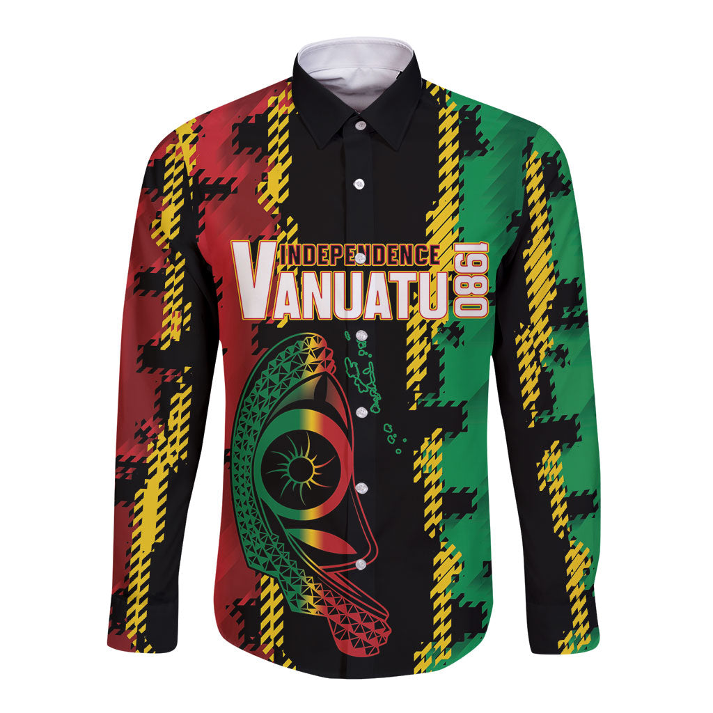 Vanuatu 46th Year Anniversary Long Sleeve Button Shirt Tamtam Slit Drums Long God Yumi Stanap LT9 Unisex Black - Polynesian Pride