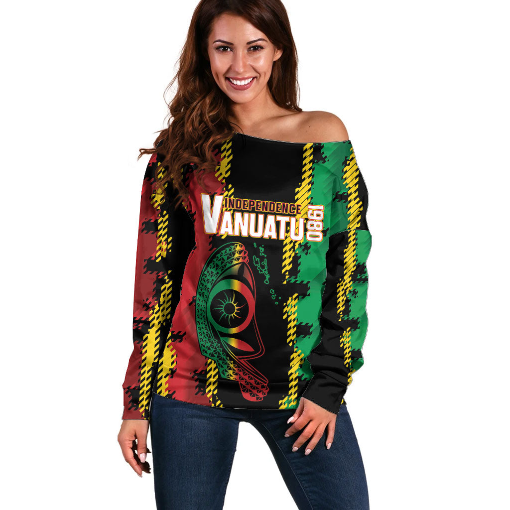 Vanuatu 46th Year Anniversary Off Shoulder Sweater Tamtam Slit Drums Long God Yumi Stanap LT9 Women Black - Polynesian Pride