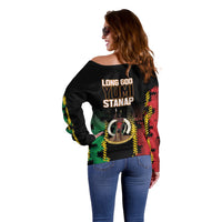 Vanuatu 46th Year Anniversary Off Shoulder Sweater Tamtam Slit Drums Long God Yumi Stanap LT9 - Polynesian Pride