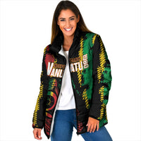 Vanuatu 46th Year Anniversary Padded Jacket Tamtam Slit Drums Long God Yumi Stanap LT9 Women Black - Polynesian Pride