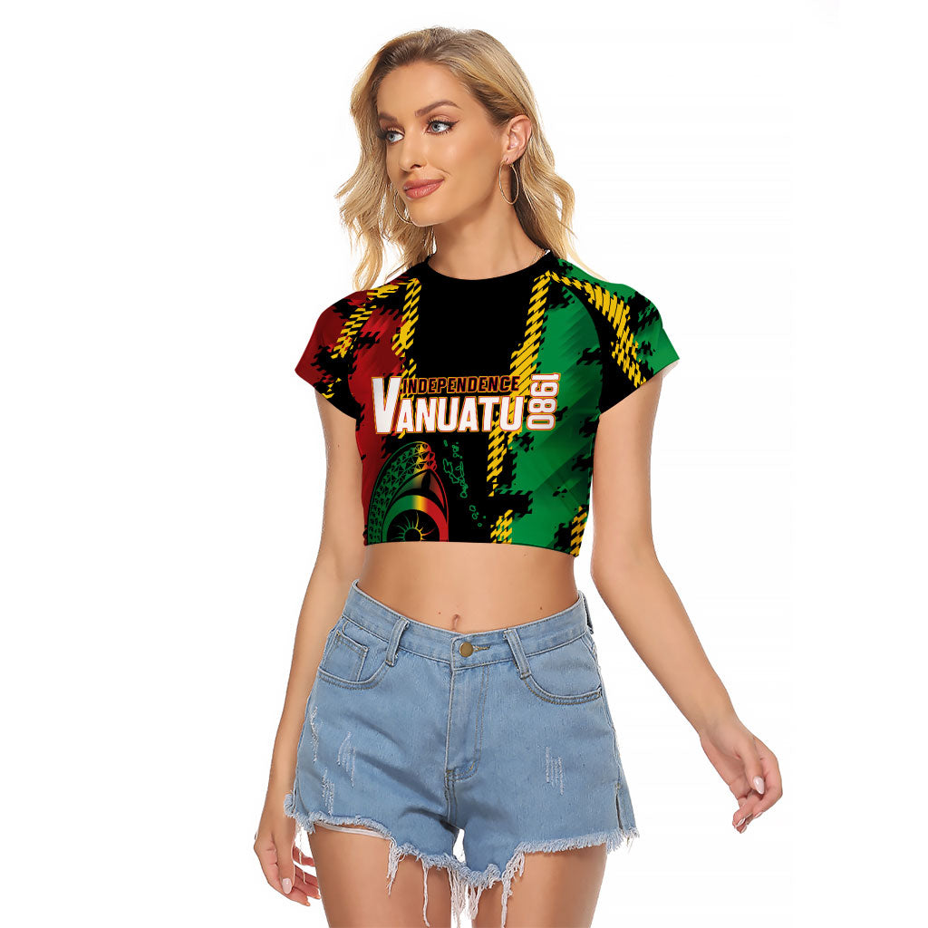 Vanuatu 46th Year Anniversary Raglan Cropped T Shirt Tamtam Slit Drums Long God Yumi Stanap LT9 Female Black - Polynesian Pride