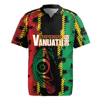 Vanuatu 46th Year Anniversary Rugby Jersey Tamtam Slit Drums Long God Yumi Stanap LT9 Black - Polynesian Pride