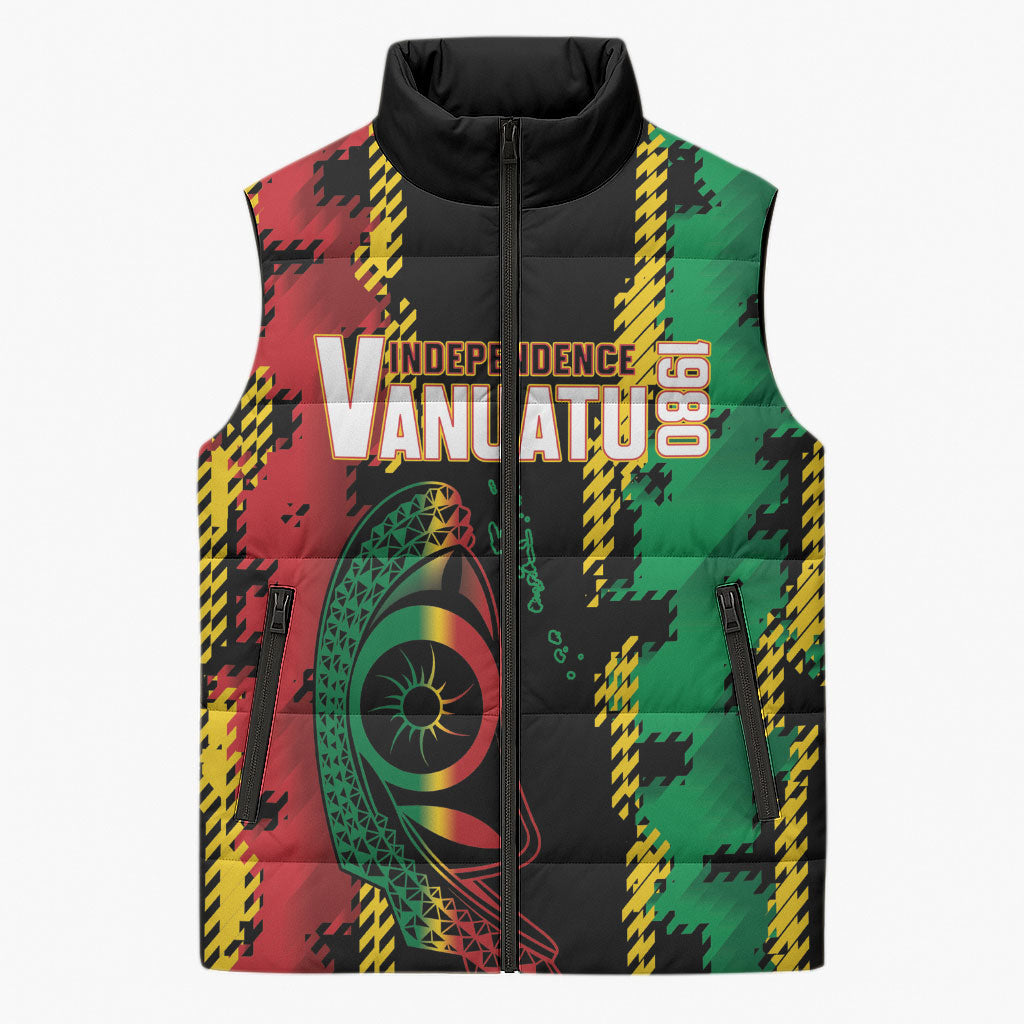 Vanuatu 46th Year Anniversary Sleeveless Puffer Jacket Tamtam Slit Drums Long God Yumi Stanap LT9 Unisex Black - Polynesian Pride