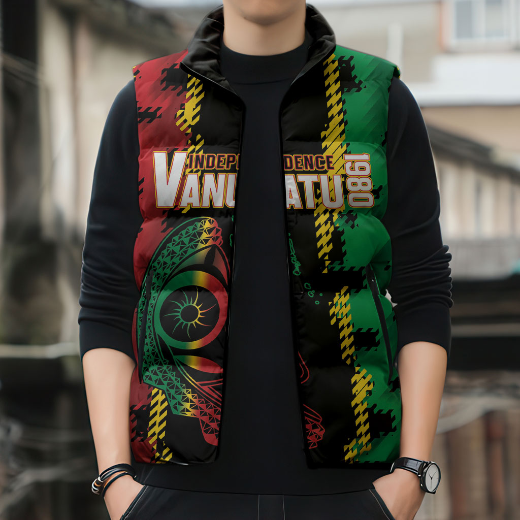 Vanuatu 46th Year Anniversary Sleeveless Puffer Jacket Tamtam Slit Drums Long God Yumi Stanap LT9 - Polynesian Pride