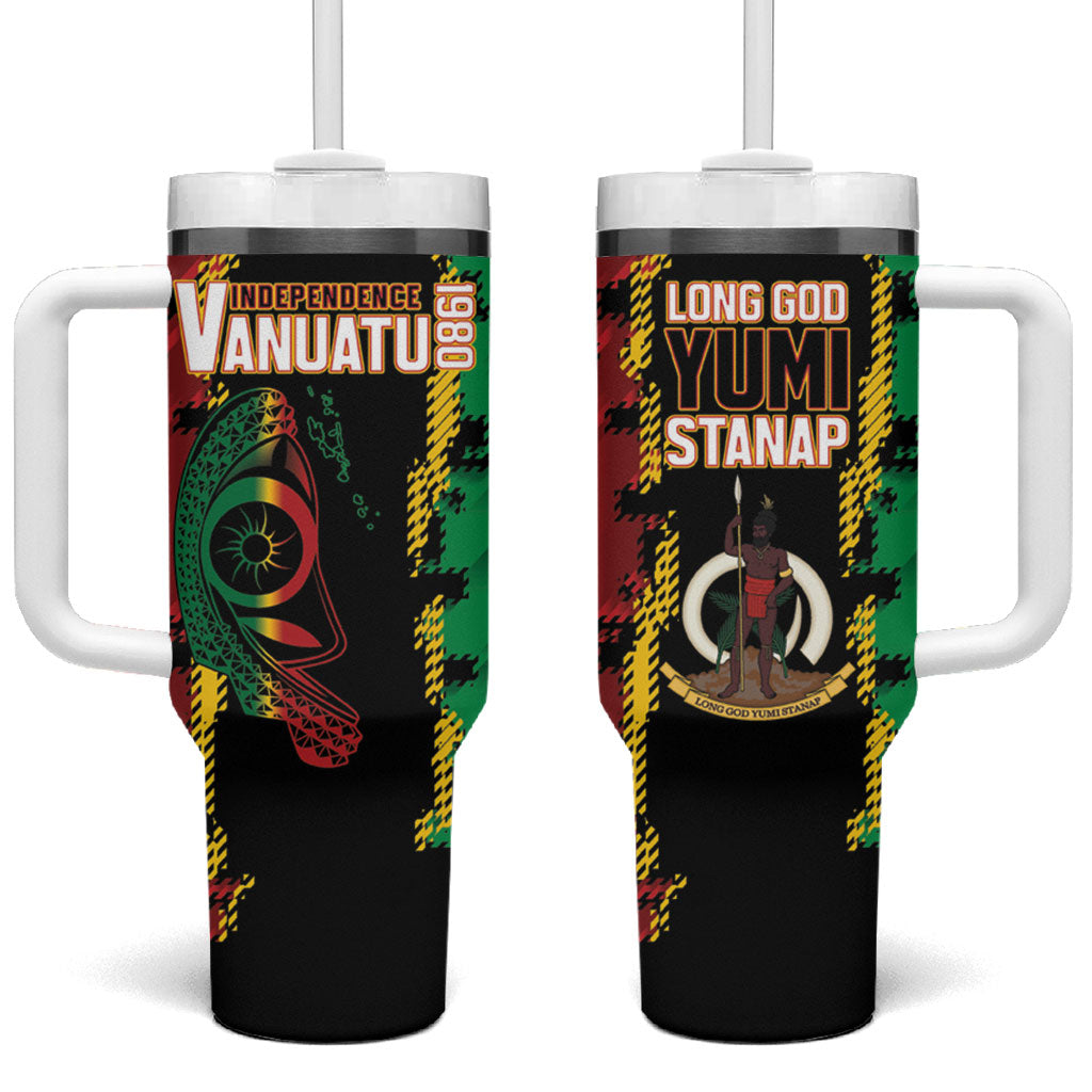 Vanuatu 46th Year Anniversary Tumbler With Handle Tamtam Slit Drums Long God Yumi Stanap LT9 One Size: 40 oz Black - Polynesian Pride