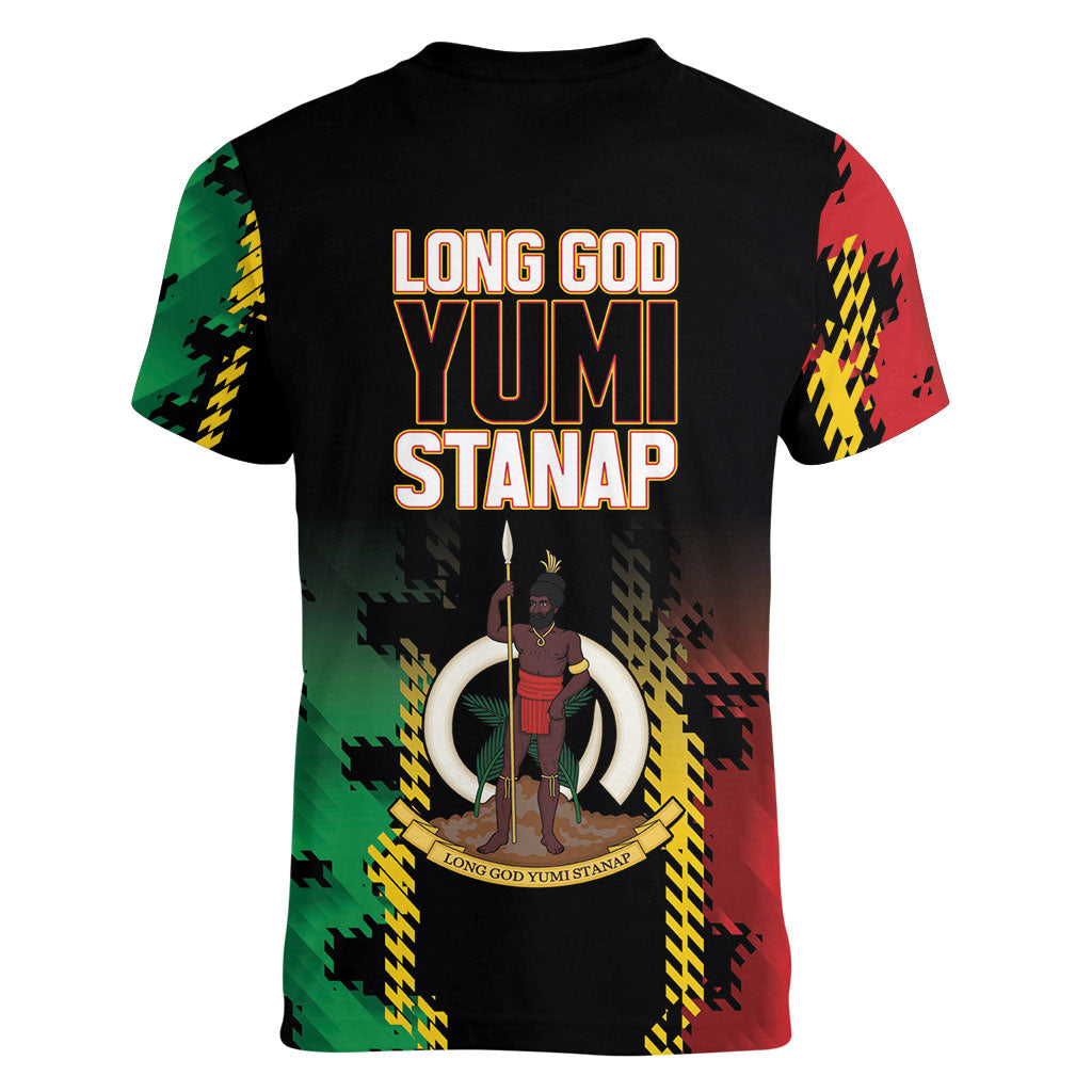 Vanuatu 46th Year Anniversary Women V-Neck T-Shirt Tamtam Slit Drums Long God Yumi Stanap