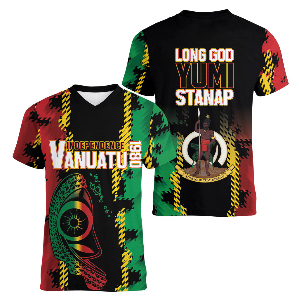 Vanuatu 46th Year Anniversary Women V-Neck T-Shirt Tamtam Slit Drums Long God Yumi Stanap