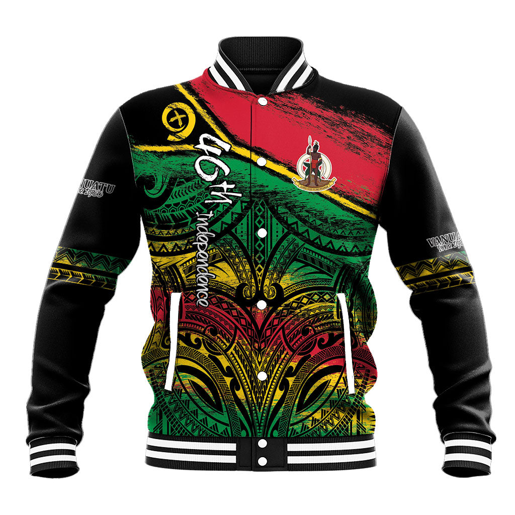 Vanuatu 46th Year Anniversary Baseball Jacket Vintage Grunge Vanuatu Flag Heritage LT9 Unisex Black - Polynesian Pride