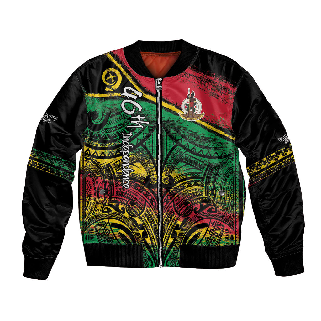 Vanuatu 46th Year Anniversary Bomber Jacket Vintage Grunge Vanuatu Flag Heritage LT9 Unisex Black - Polynesian Pride