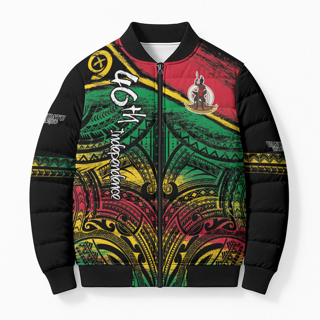 Vanuatu 46th Year Anniversary Bomber Puffer Jacket Vintage Grunge Vanuatu Flag Heritage LT9 Unisex Black - Polynesian Pride