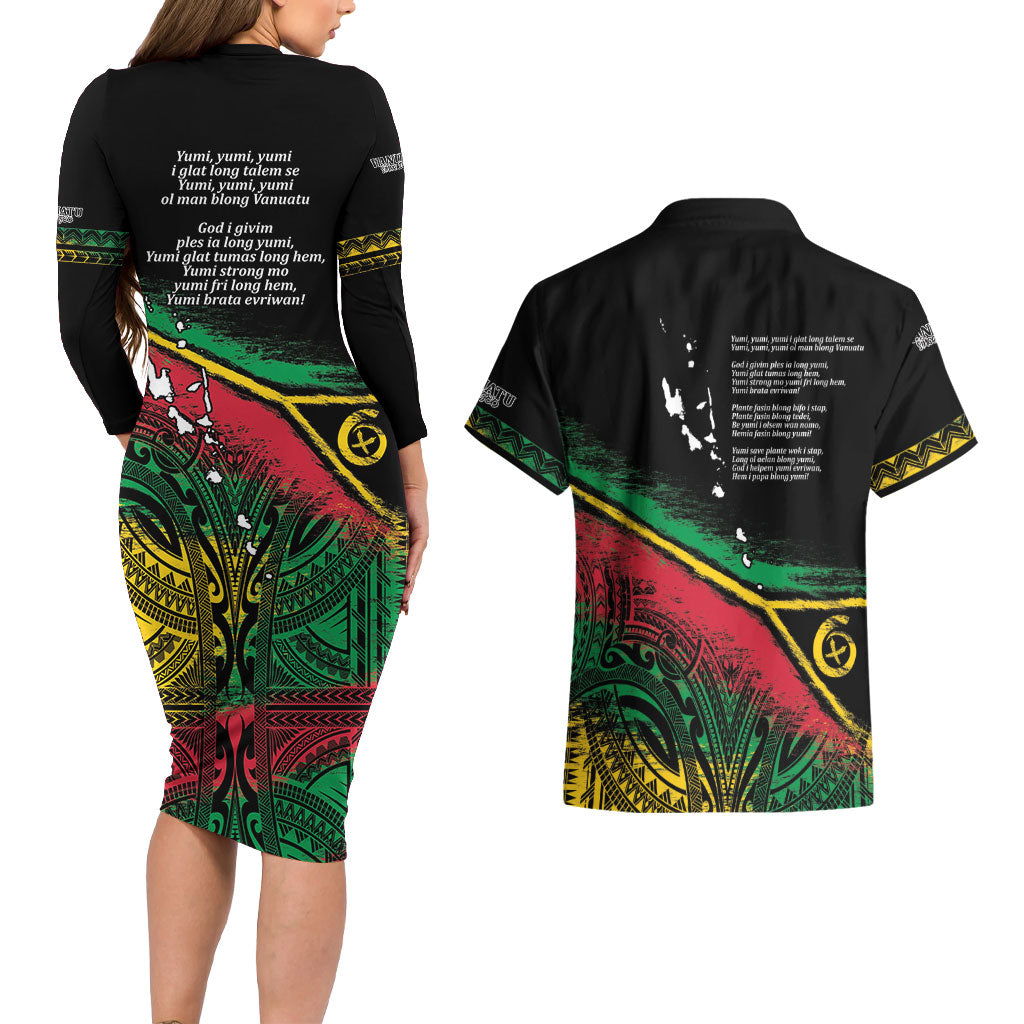 Vanuatu 46th Year Anniversary Couples Matching Long Sleeve Bodycon Dress and Hawaiian Shirt Vintage Grunge Vanuatu Flag Heritage