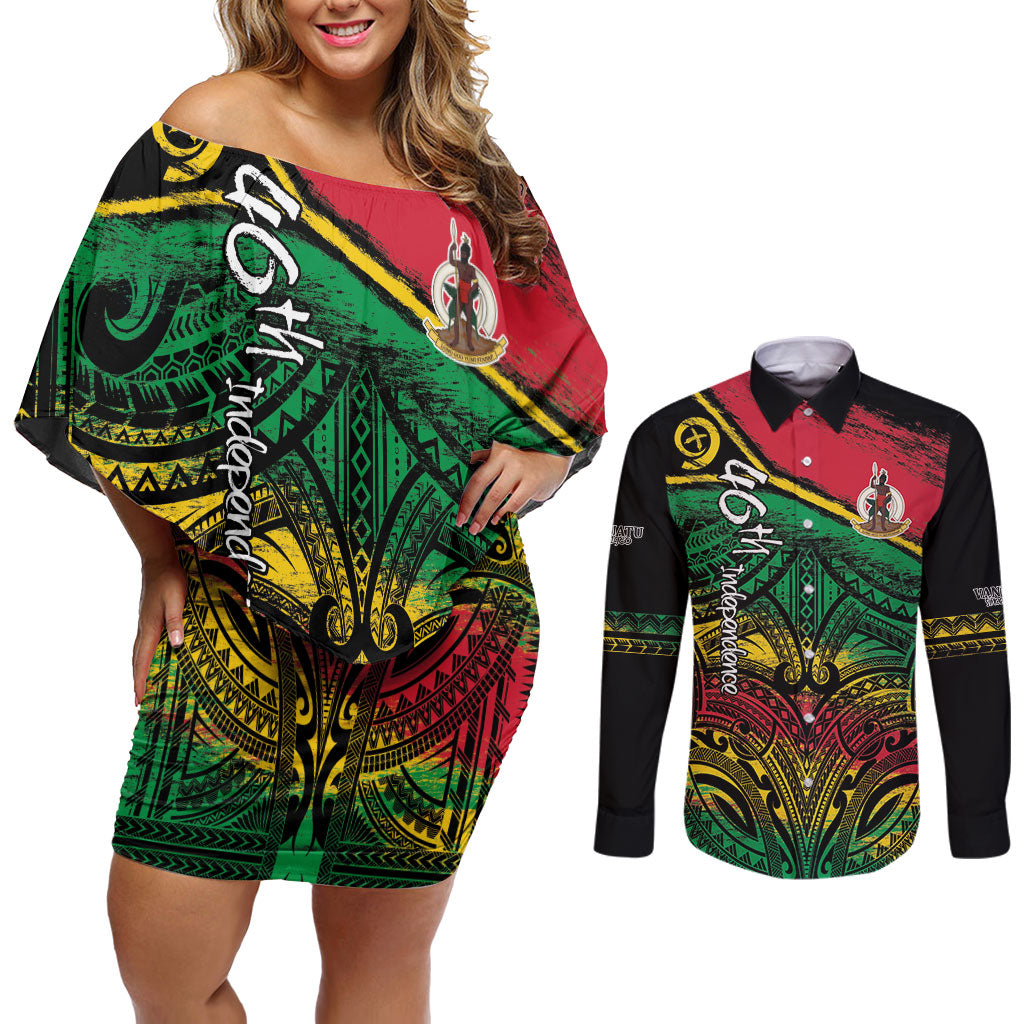 Vanuatu 46th Year Anniversary Couples Matching Off Shoulder Short Dress and Long Sleeve Button Shirt Vintage Grunge Vanuatu Flag Heritage LT9 Black - Polynesian Pride
