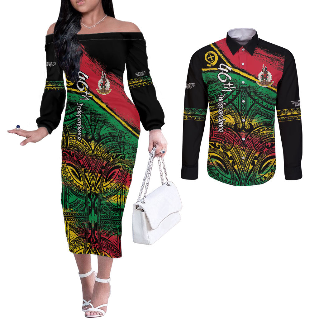 Vanuatu 46th Year Anniversary Couples Matching Off The Shoulder Long Sleeve Dress and Long Sleeve Button Shirt Vintage Grunge Vanuatu Flag Heritage