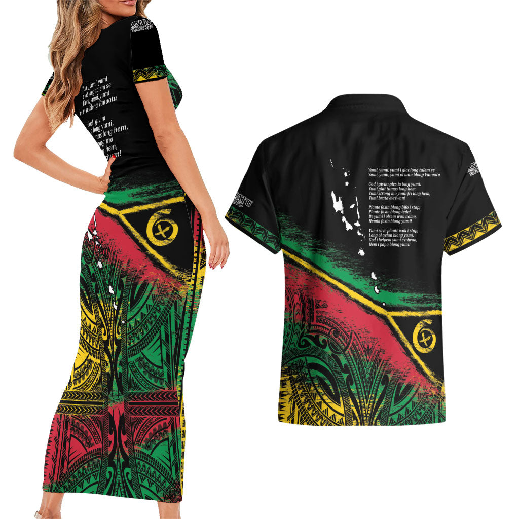 Vanuatu 46th Year Anniversary Couples Matching Short Sleeve Bodycon Dress and Hawaiian Shirt Vintage Grunge Vanuatu Flag Heritage