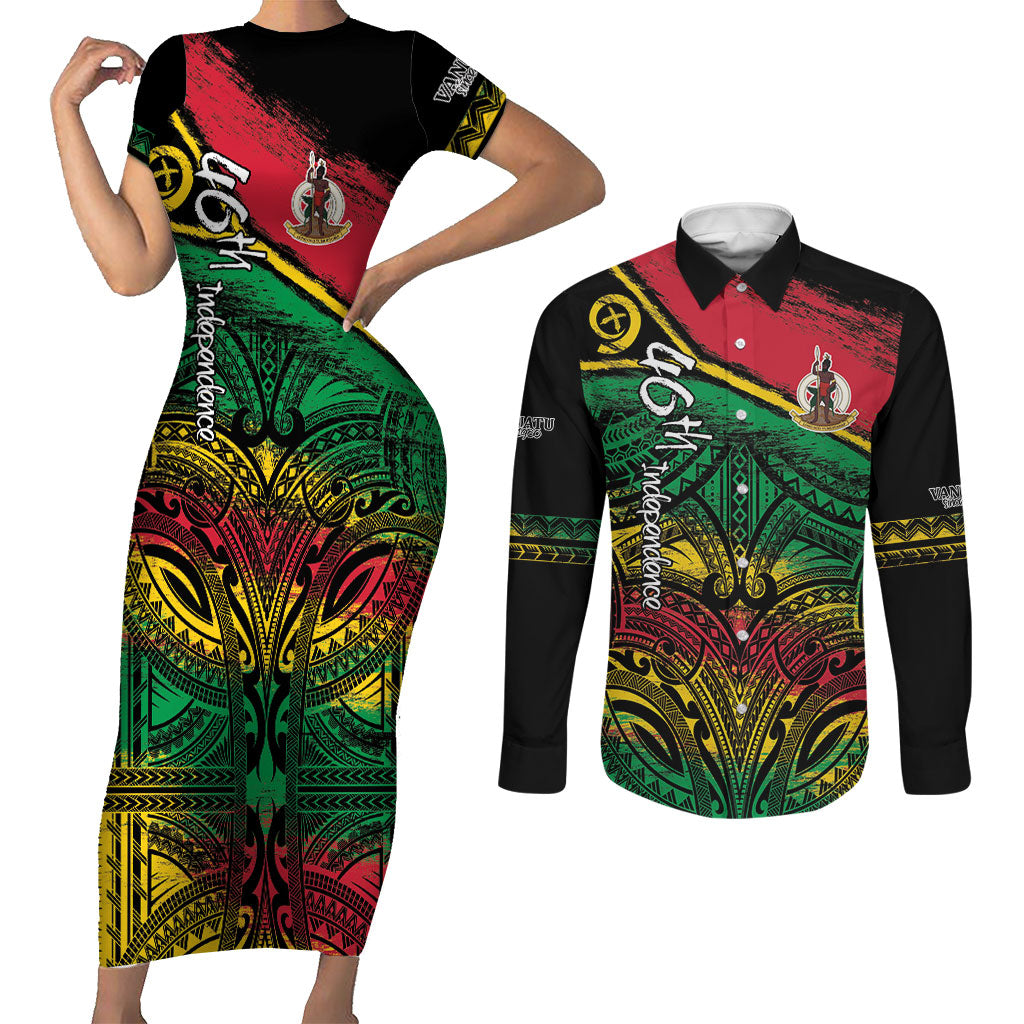 Vanuatu 46th Year Anniversary Couples Matching Short Sleeve Bodycon Dress and Long Sleeve Button Shirt Vintage Grunge Vanuatu Flag Heritage