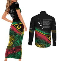 Vanuatu 46th Year Anniversary Couples Matching Short Sleeve Bodycon Dress and Long Sleeve Button Shirt Vintage Grunge Vanuatu Flag Heritage