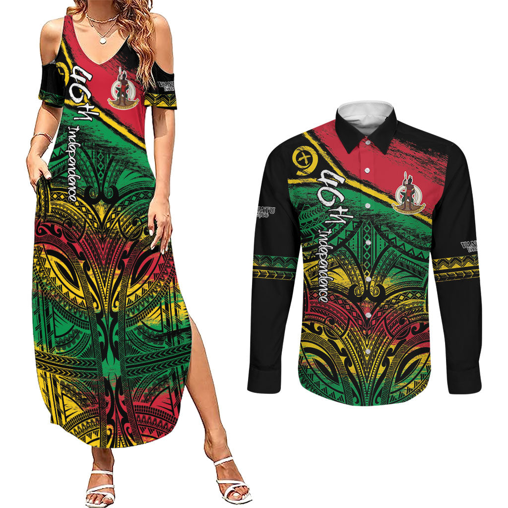Vanuatu 46th Year Anniversary Couples Matching Summer Maxi Dress and Long Sleeve Button Shirt Vintage Grunge Vanuatu Flag Heritage