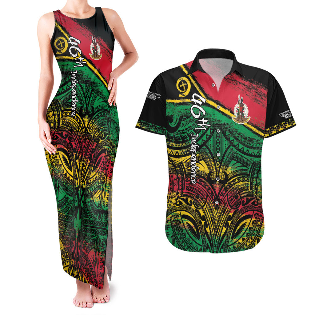 Vanuatu 46th Year Anniversary Couples Matching Tank Maxi Dress and Hawaiian Shirt Vintage Grunge Vanuatu Flag Heritage