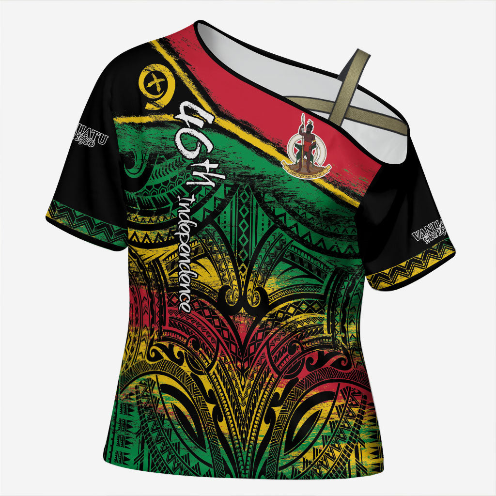 Vanuatu 46th Year Anniversary Cross Shoulder Shirt Vintage Grunge Vanuatu Flag Heritage