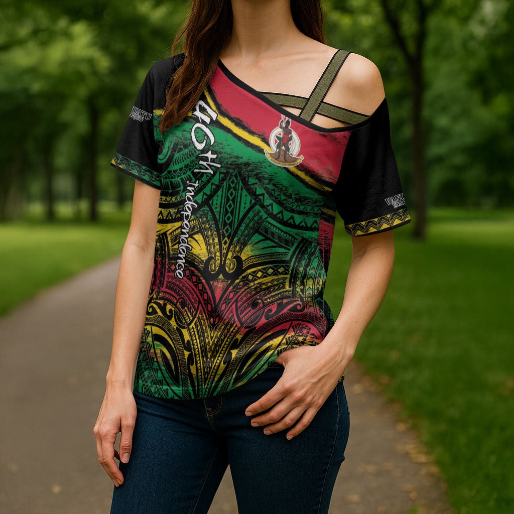 Vanuatu 46th Year Anniversary Cross Shoulder Shirt Vintage Grunge Vanuatu Flag Heritage