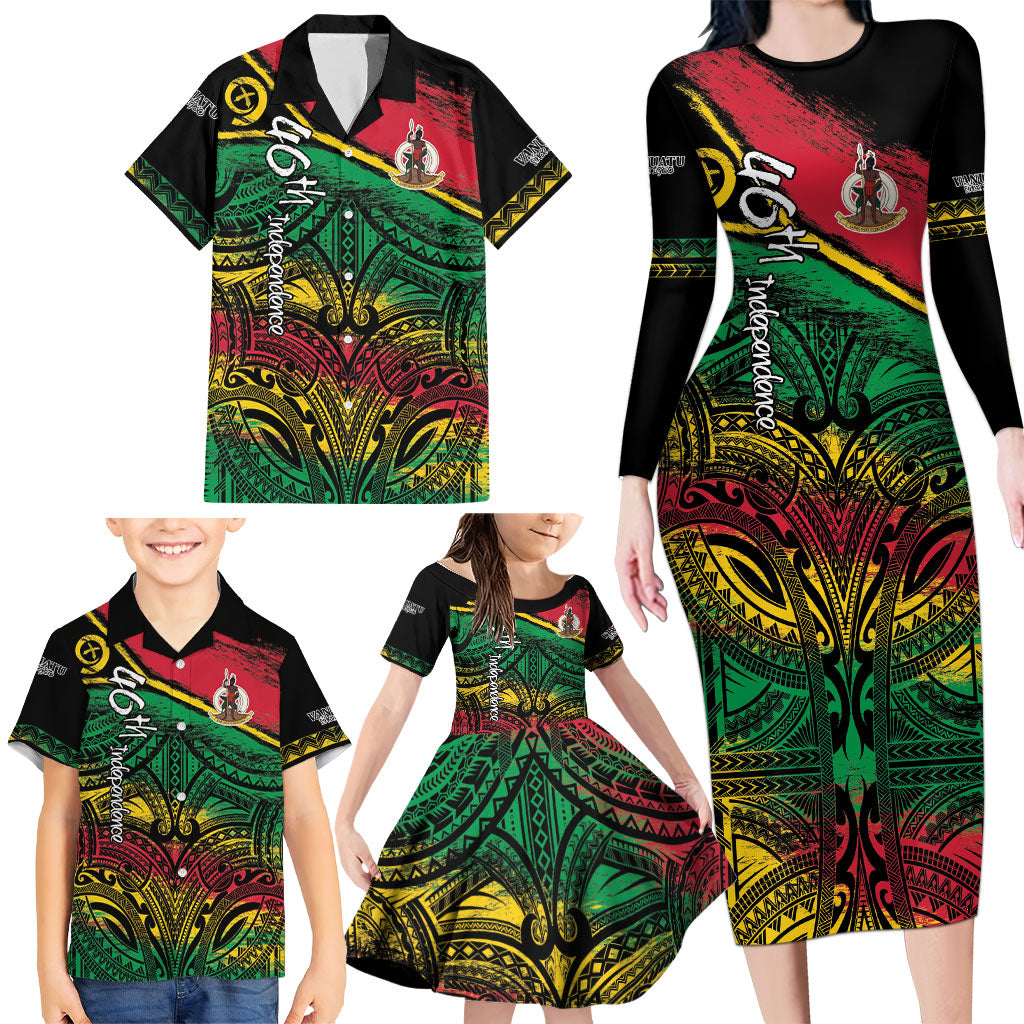Vanuatu 46th Year Anniversary Family Matching Long Sleeve Bodycon Dress and Hawaiian Shirt Vintage Grunge Vanuatu Flag Heritage
