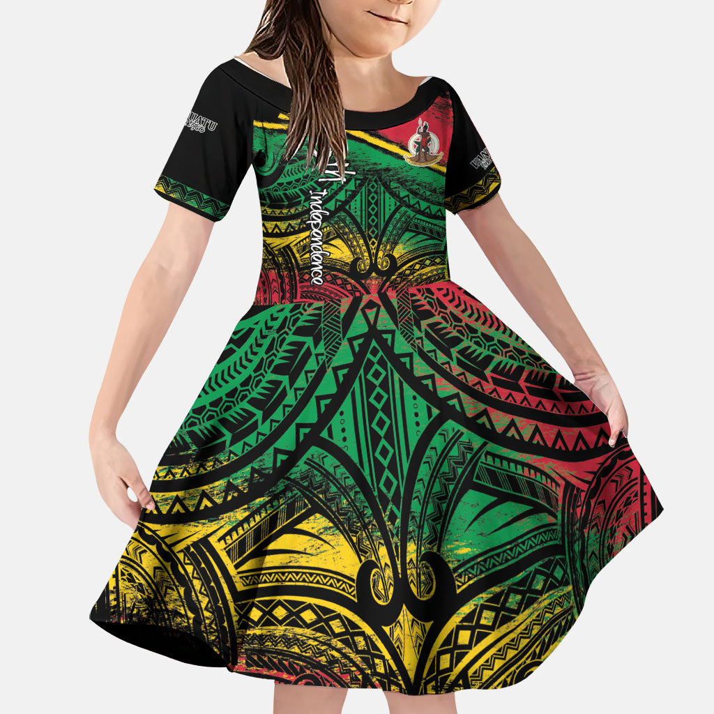 Vanuatu 46th Year Anniversary Family Matching Off The Shoulder Long Sleeve Dress and Hawaiian Shirt Vintage Grunge Vanuatu Flag Heritage